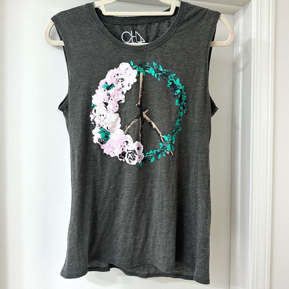 Chaser Charcoal Gray Floral Peace Sign Muscle Tee Tank, Size Small
